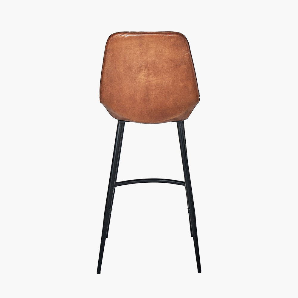 Angelo Vintage Brown Leather and Black Metal Retro Bar Stool