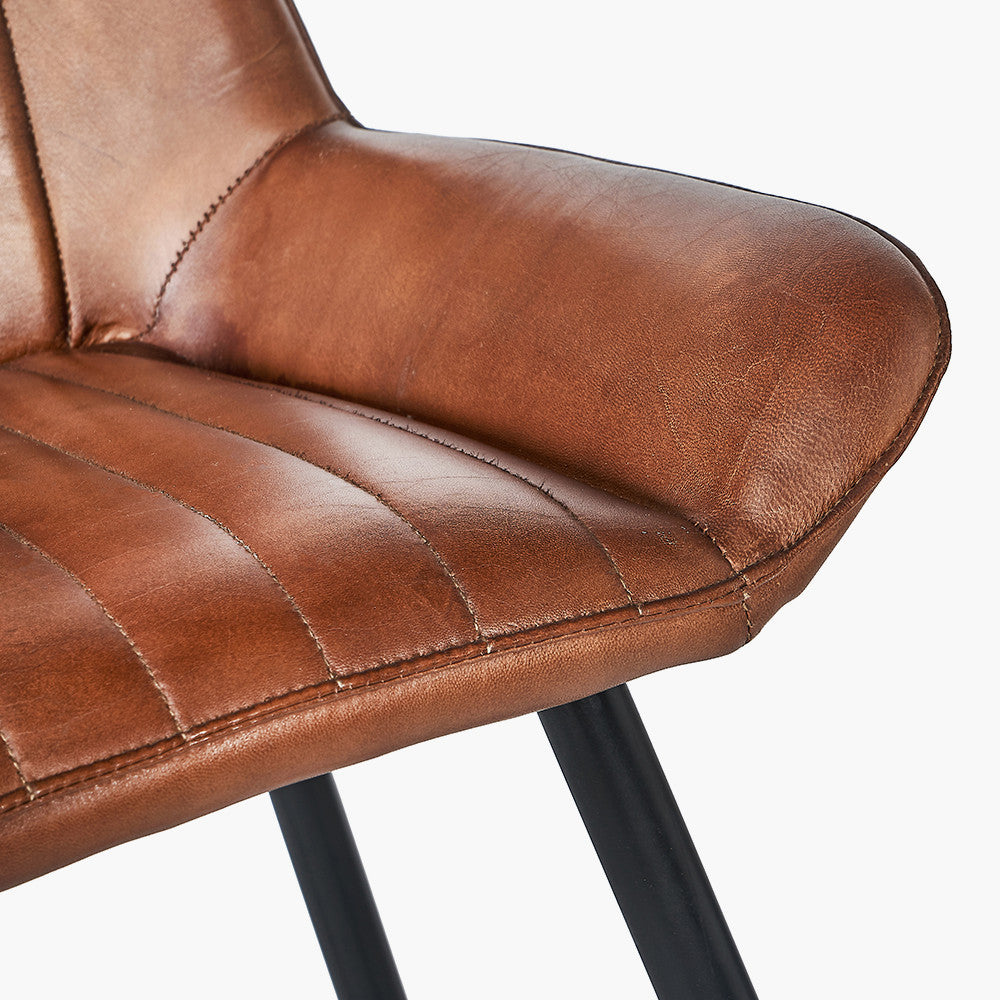 Angelo Vintage Brown Leather and Black Metal Retro Bar Stool